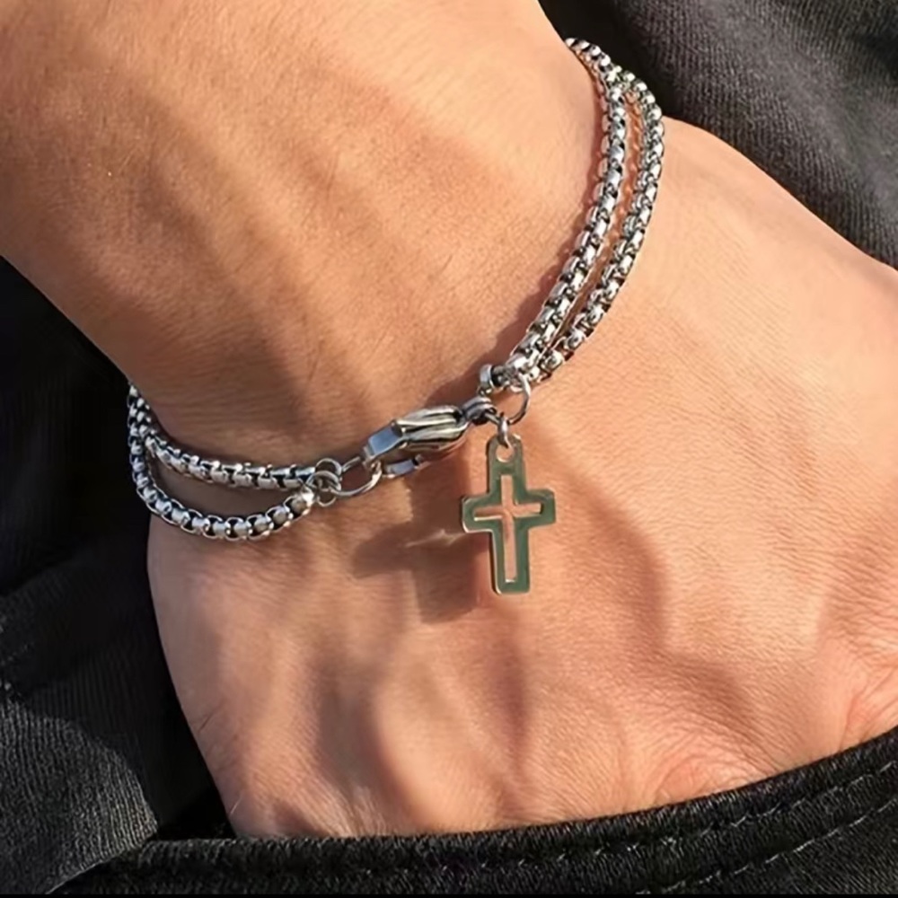 NWT Men’s Stainless Steel Double Chain Cross Pendant Bracelet Silver